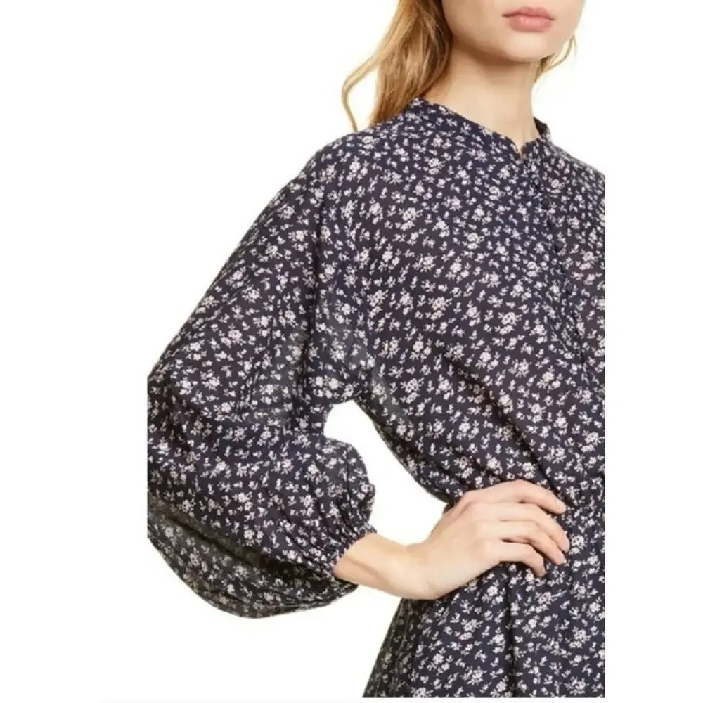 New Joie Galani Navy Floral Balloon Sleeve Cinched Waist Button Dress, Large NWT